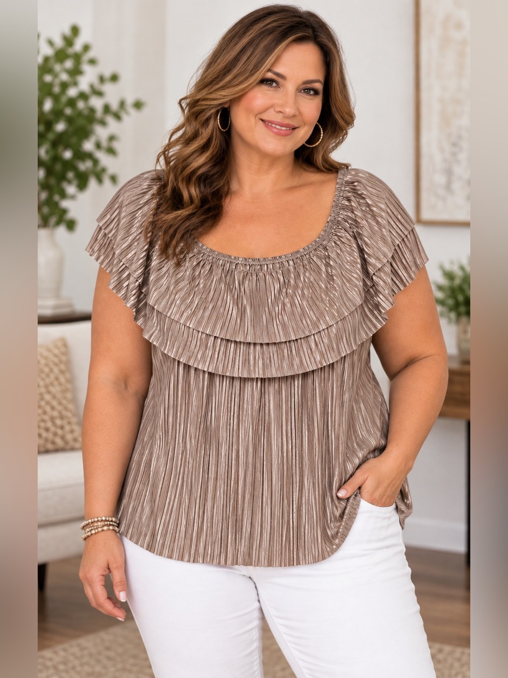 Front of Closet Women Size 3x Pleated Plisse Top - Sleeveless, Champagne Beige